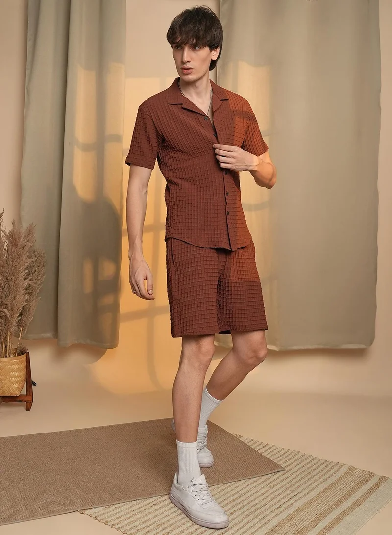 CAHOOT  Men's Chocolate Brown Waffle-Textured Co-Ord Set For Casual Wear | Cuban Collar | Short Sleeve | Button Closure | Co-Ords Crafted With Comfort Fit For Everyday Wear for Men | Best Price UAE